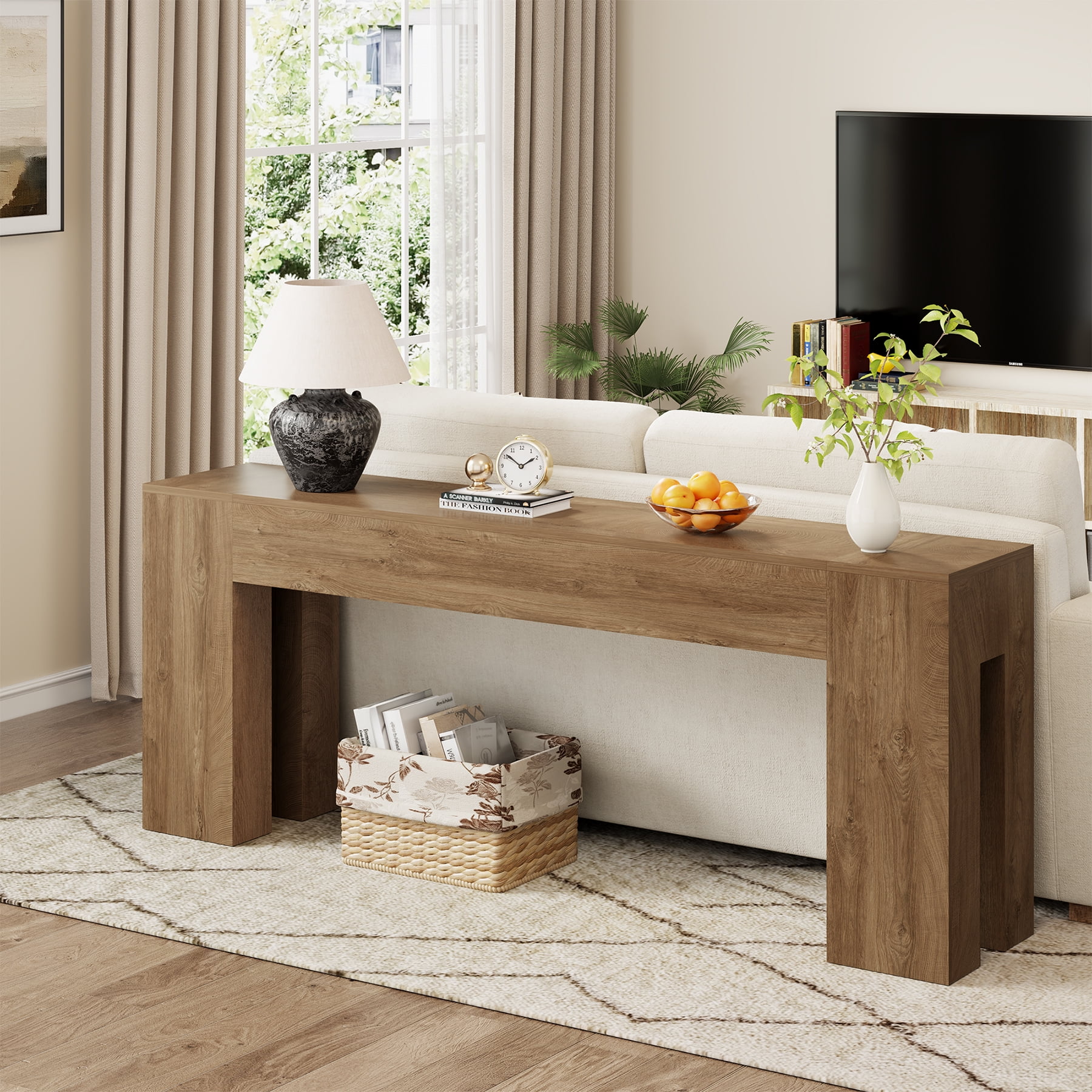 Extra Long Sofa Console Table for Entryway Living Room, 78-Inch Farmhouse Wood Behind Couch Table, Rectangular Accent Console with Wooden Double Base for Hallway Foyer Entrance, Natural Oak Brown