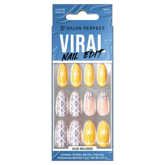Salon Perfect Artificial Fake Press-On Nails, 346 Viral Nail Edit, Lemon, Medium Almond, File and Glue Included, 30 Nails