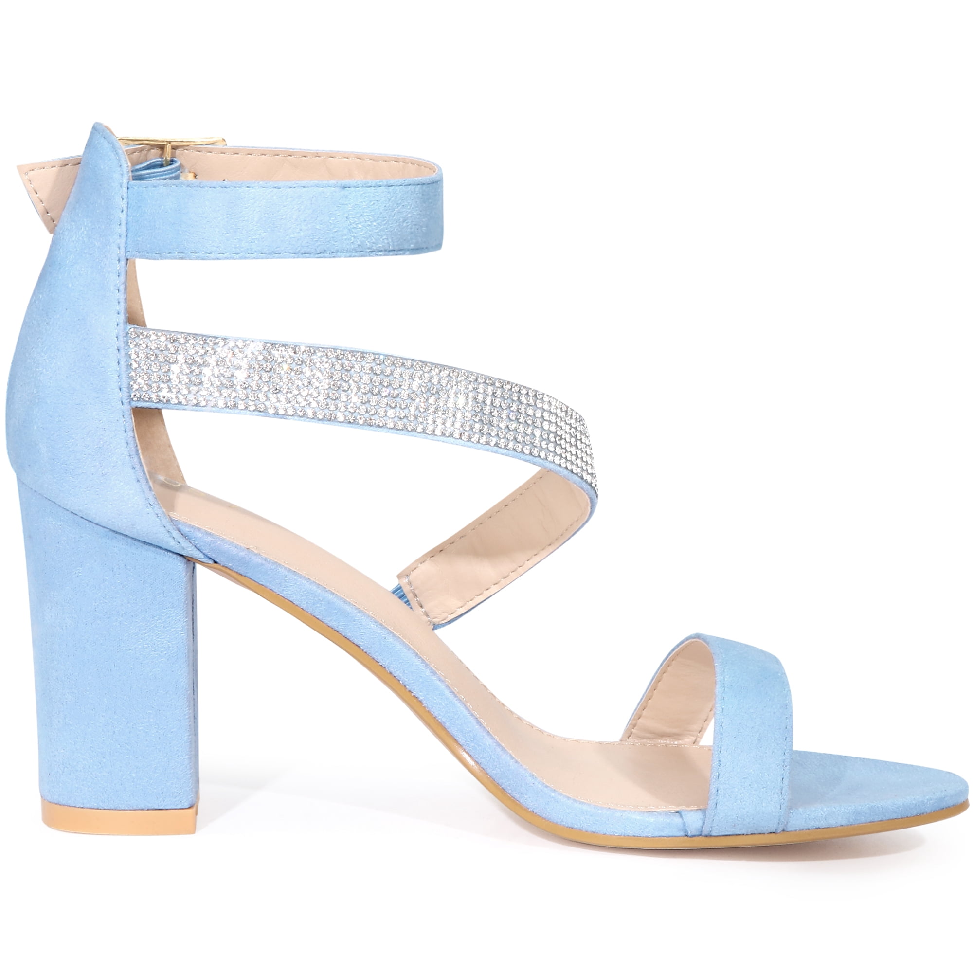 Stylish Women's Rhinestone Open Toe Block Heels Sandals for Any Occasion Sky Blue 8.5