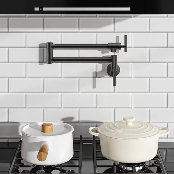 Black Pot Filler Faucet Over Stove, Solid Brass Modern Wall Mount Commercial Folding Faucet with Stretchable Double Joint Swing Arms for Kitchen Restaurant