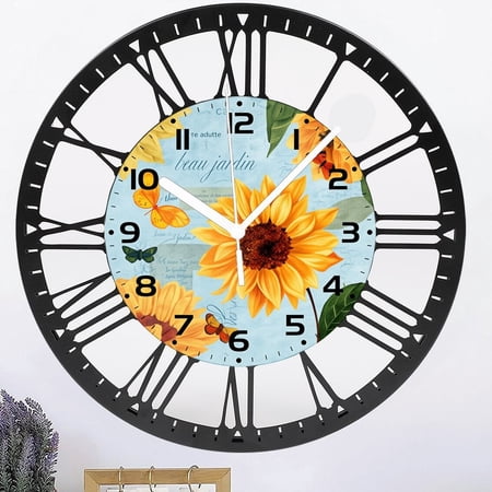 Iron Vintage Teal Sunflower Wall Clock for Bathroom,Sunflower Wall Clocks Silent Non-Ticking Battery Operated Clock 10 Inch,Wall Clocks Decorative for Living Room,Kitchen,Office Style 10×1