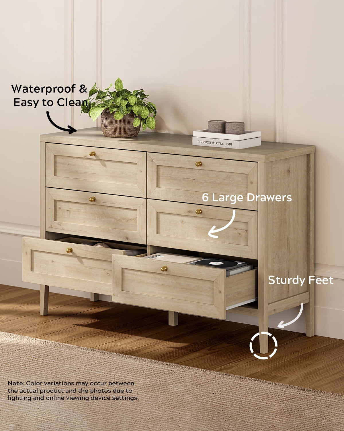 EYYTHUNG Modern 6-Drawer Storage Dresser for Bedroom, Chest of Drawers with Golden Handles, Cabinet Side Table, Light Oak