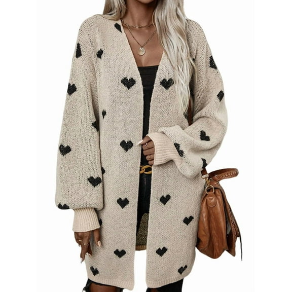 Women'S Long Sleeve Cute Cardigan Sweaters V Neck Open Front Ribbed Knit Heart Sweater Coat Apricot M