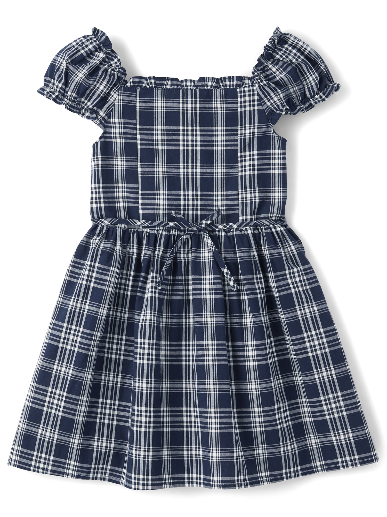 The Children's Place Girls Short Sleeve Plaid Pintuck Poplin Button Dress, Sizes 4-16