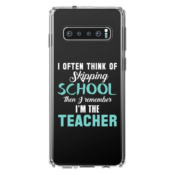 DistinctInk Clear Shockproof Hybrid Case for Samsung Galaxy S10  PLUS (6.4" Screen) - TPU Bumper Acrylic Back Tempered Glass Screen Protector - Think of Skipping School Remember I'm Teacher