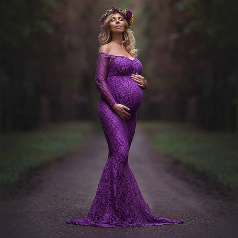 QENGING Maternity Clothes for Women Photography Dress Sexy Pregnancy  Dresses Mesh Lace Long Sleeve Maxi Dress PurpleL