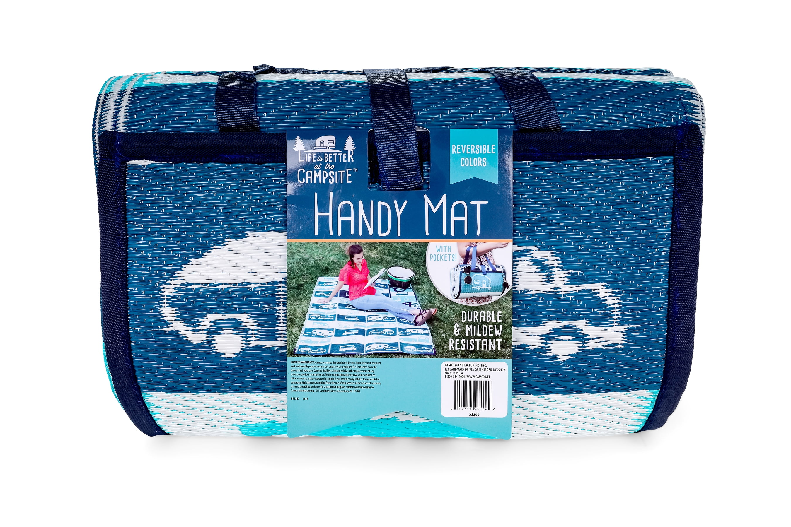 Camco Life is Better at The Campsite Handy Mat with Strap | 60"x 78" | Blue Reversible RV Pattern (53266)