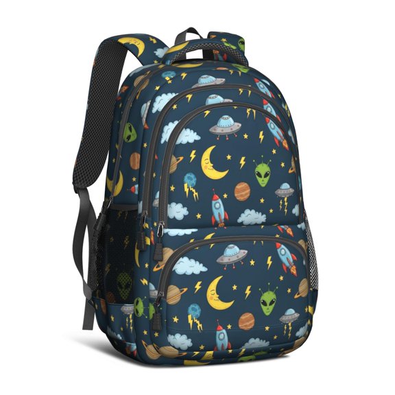 Alien Rocket Deep Blue Pattern Cute School Backpack Bag with Padded Back and Adjustable Shoulder Straps 16.9 X 12.6 X 5.9 Inches