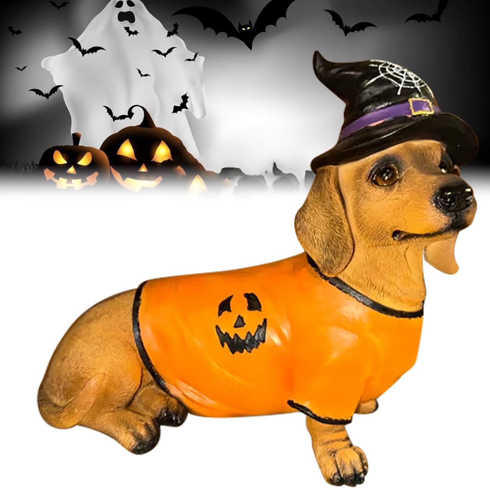 Halloween Dachshundasg Decor Statue with Witch Hat & Pumpkin Sweater Design, Dachshundasg Garden Statues, Yard & Indoor Party, Cute Sitting Dog Sculpture, Halloween Ornaments Decorations(Orange)