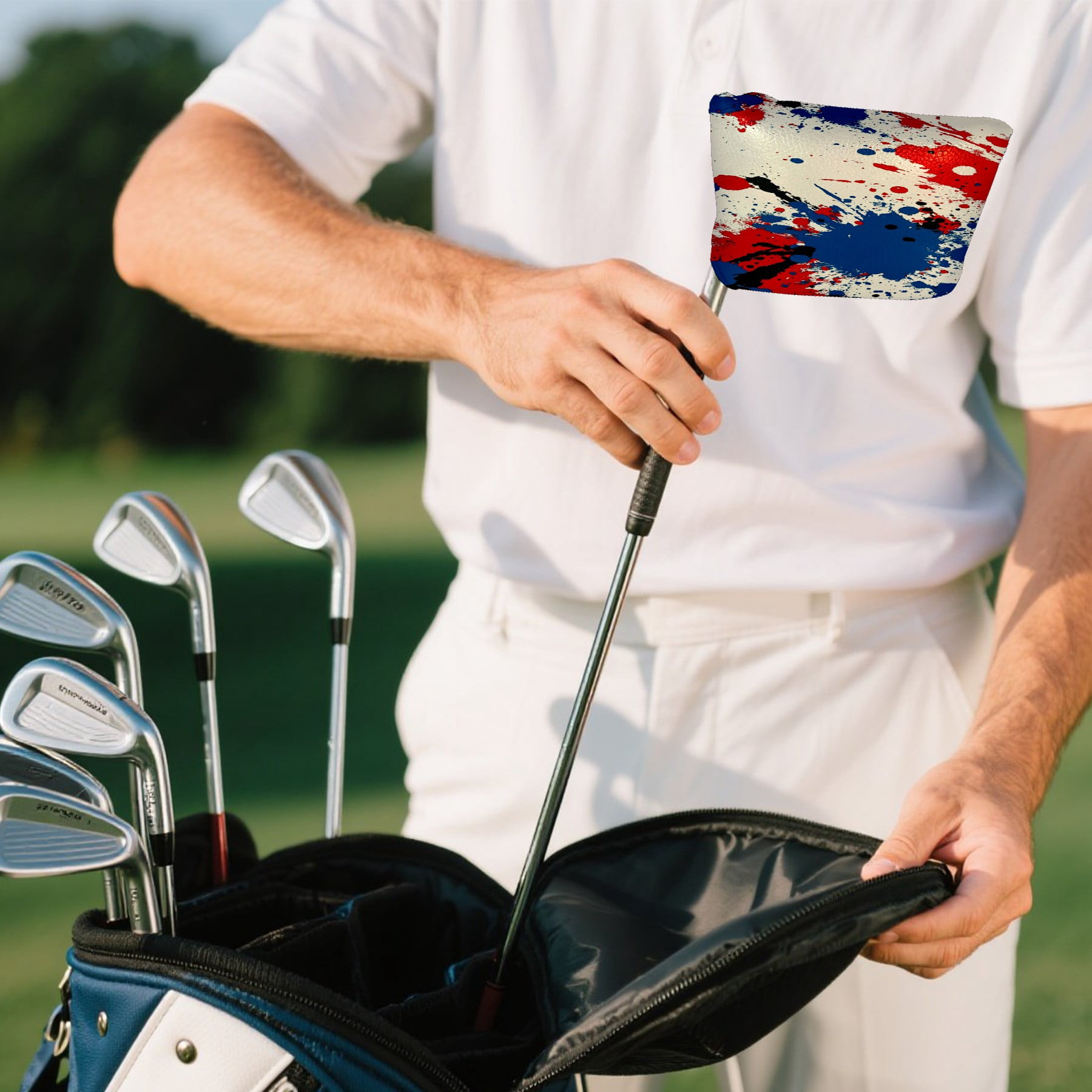 Golf Mallet Putter Cover Premium Leather Waterproof Golf Putter Head Cover with Magnetic Closure Red Blue Paint Splash