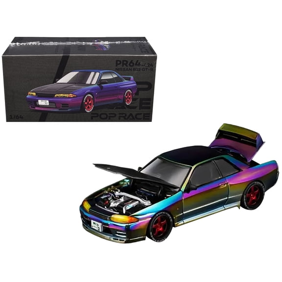 Nissan Skyline GT-R (R32) RHD Chameleon Chrome with Carbon Hood "Vancouver Edition" 1/64 Diecast Model Car by Pop Race