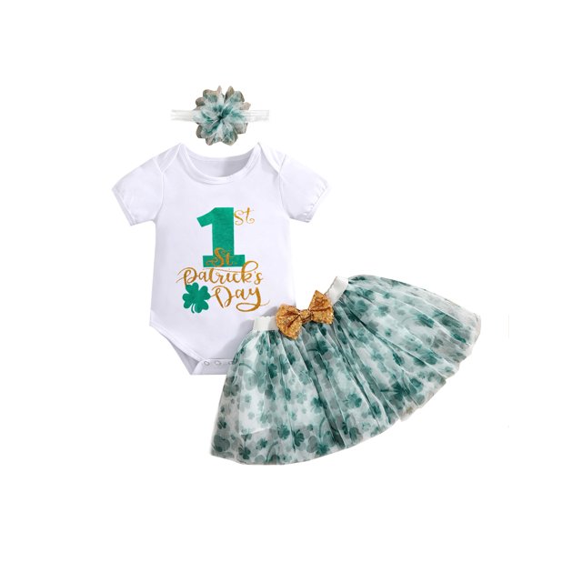 Mialoley 3Pcs Tenue de Bébé Fille, Romper + Jupe Imprimé Trèfle + Bandeau