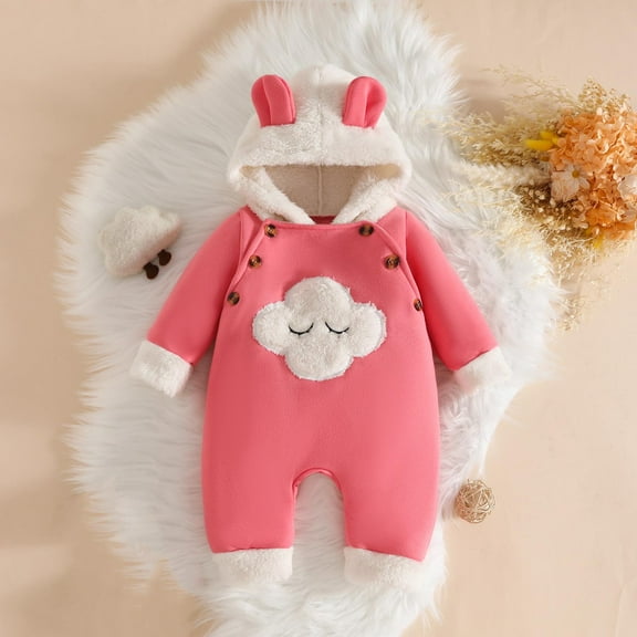 lulshou Fall and Winter Baby Romper, Cloud Embroidery Winter Outfit for Girls, Long Sleeve Hooded Jumpsuit for Infant Outerwear
