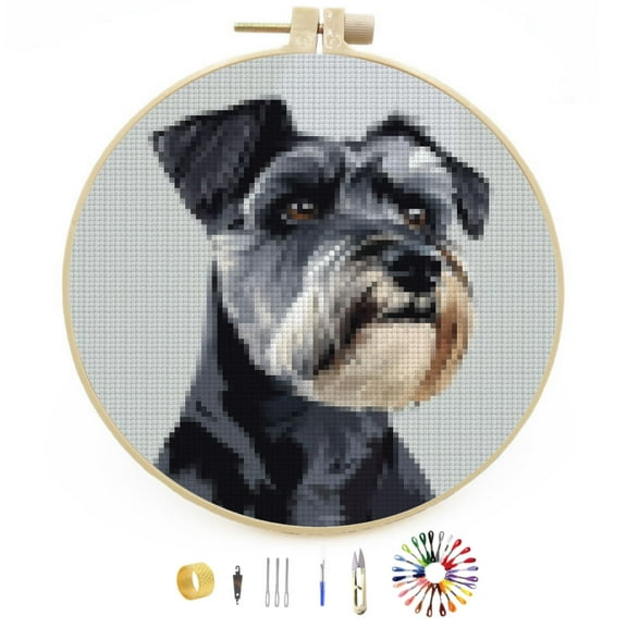 DIY Stamped Cross Stitch Kits Schnauzer Dog Easy for Beginners with Hoop 11CT Counted Embroidery Needlepoint Crafts Arts for Handmade Enthusiasts and Home Decor 30x30cm(1)
