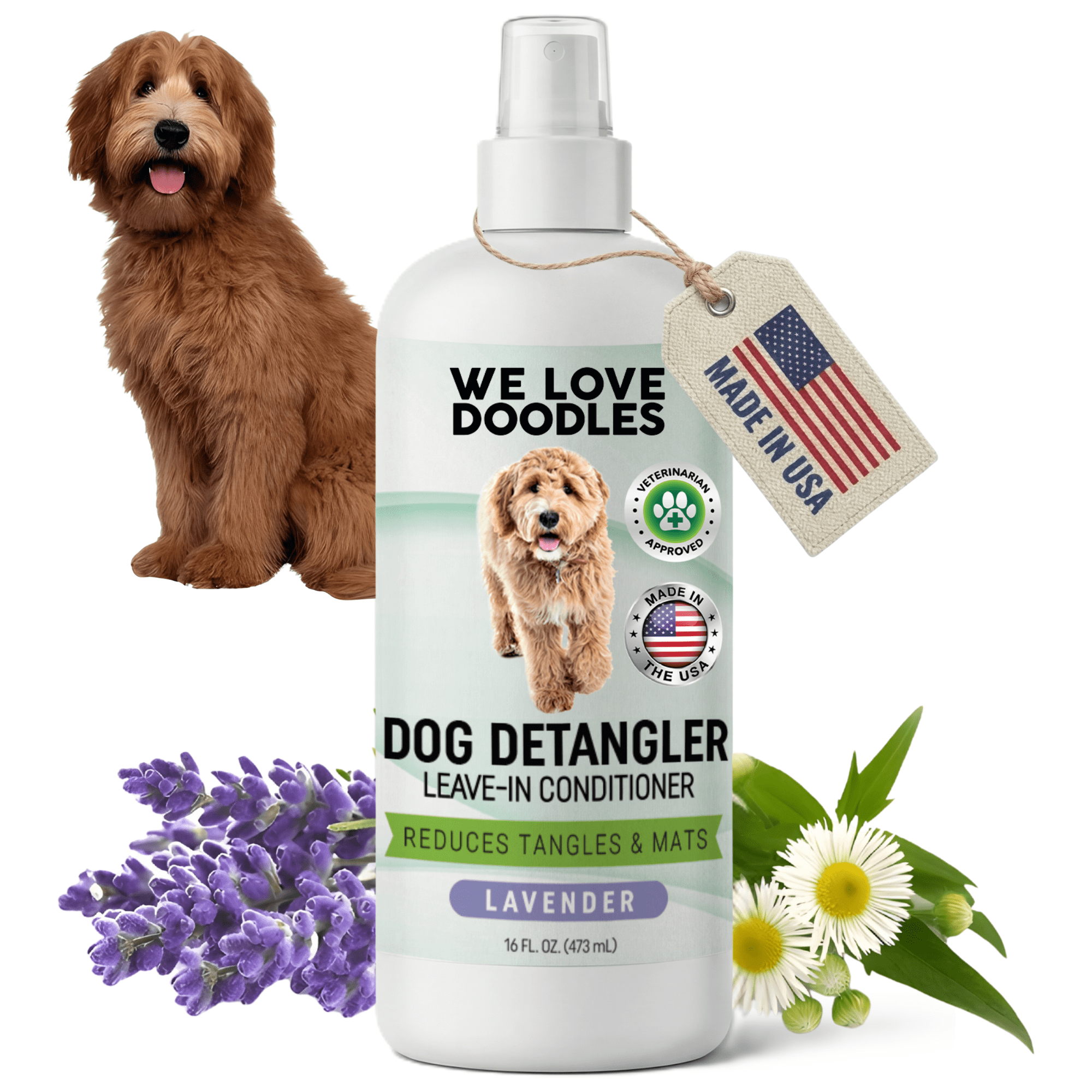 We Love Doodles Dog Detangler Spray - Leave-in Conditioner for Dogs - Dog Detangling Spray - Dematting Spray for Dogs - Tangle Remover - Made in The USA - Large 16 fl oz (Lavender)