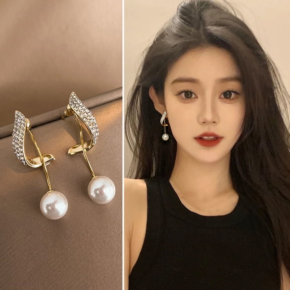 Jiaroswwei 1 Pair Stud Earrings Bling Rhinestone Luxury Elegant Lustrous Faux Pearl Dangle Earrings Fashion Jewelry