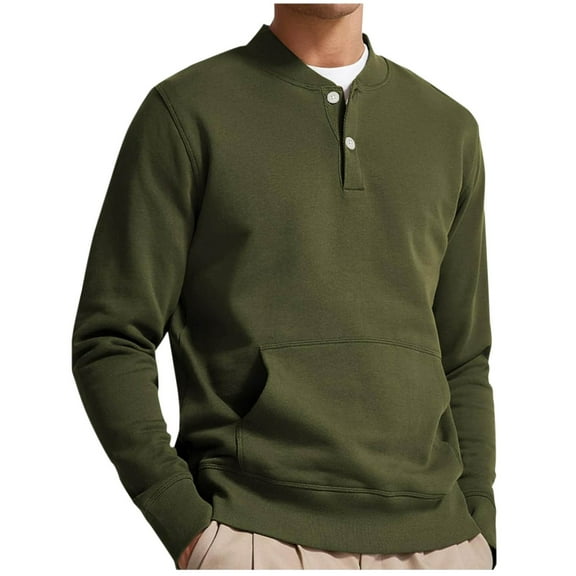 VSSSJ Long Sleeve Sweatshirt for Men Button Crewneck Casual Henley Shirts Relaxed Fit Solid Color Basic Classic Sweatshirts with Pocket Dark Green L