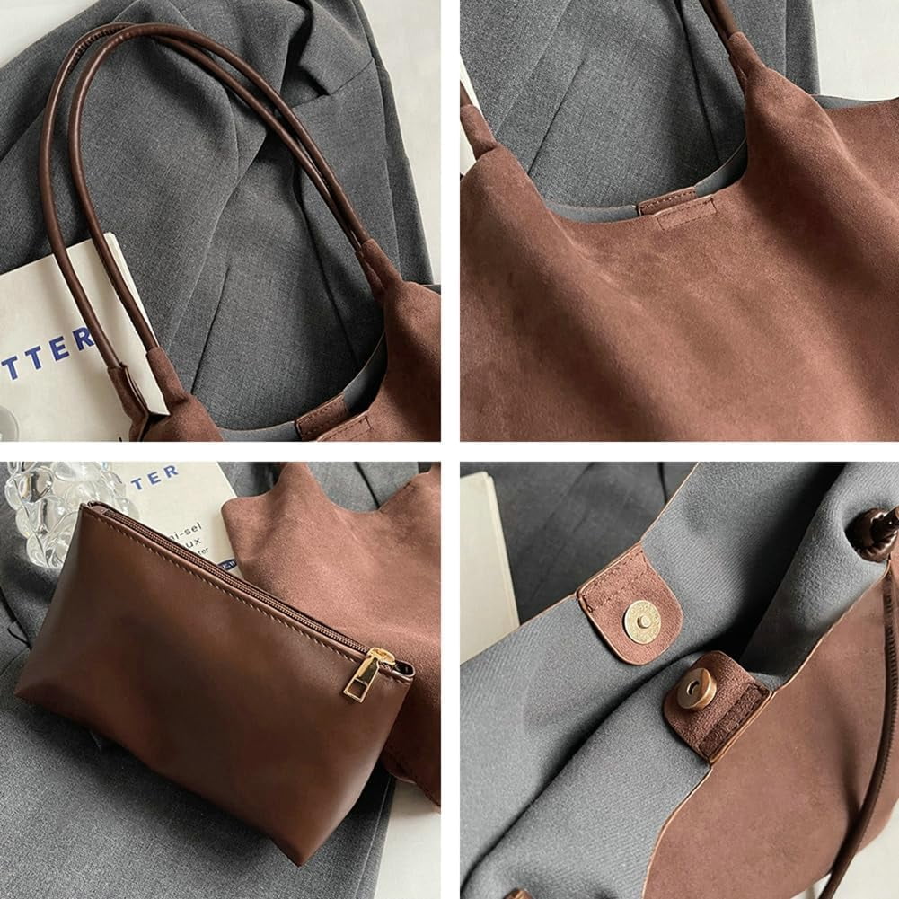 Zhengup Womens Soft Suede Tote Bag Faux Leather Handbag Large Vintage Top Handle Bag Bucket Shoulder Satchel 2pcs Purse
