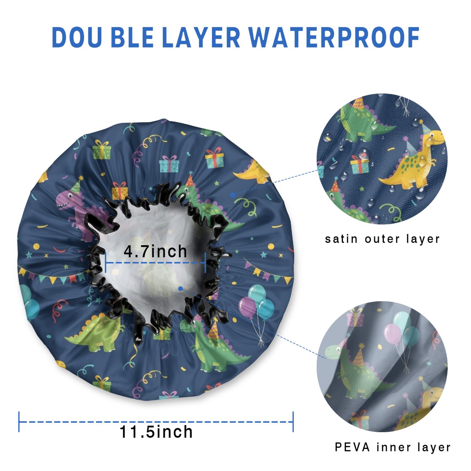 Shower Caps,DarkBlue Cartoon Dinosaurs PartyElements Pattern Waterproof Shower Cap for Women 4 Pieces,Double Reusable Hair Cover for Shower PEVA Elastic Stretch Hem