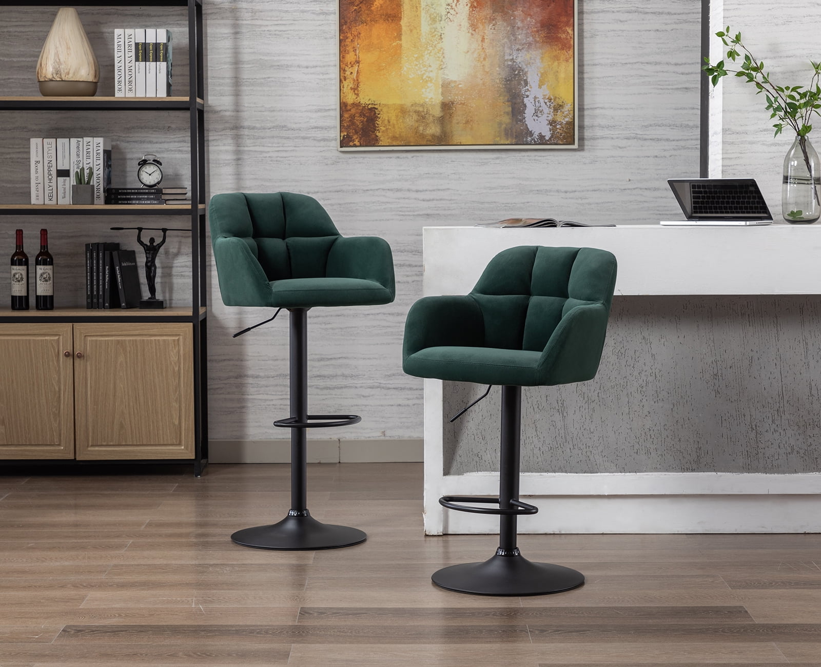 Guyou Modern Swivel Bar Stool Set of 2, Velvet Upholstered Adjustable Island Stool Counter Height Stool with Backrest and Metal Base for Kitchen Island Restaurant Bar, Green