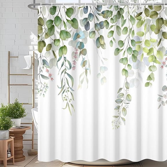 Sage Green Eucalyptus Leaf Shower Curtain Spring Plants Hanging Leaves Printed Bath Curtain Waterproof Washable Fabric Bathroom Bathtub Decor Shower Curtain Set With Hooks 54"W x 72"L