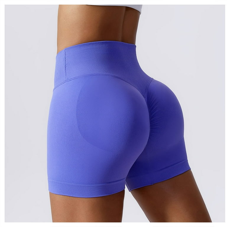 Hanas Pants Women's Stretch High Waist Running Gym Shorts Yoga Pants Solid  Color Sports Elastic Waist Shorts Blue/M