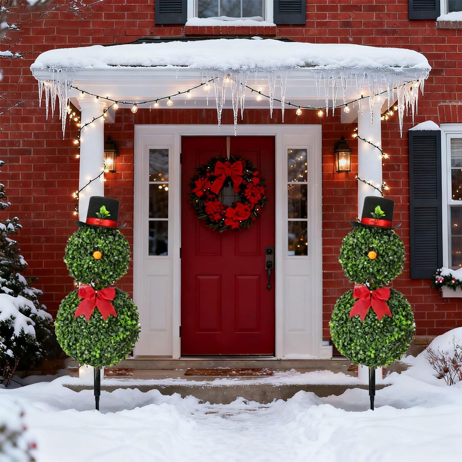 CY5O5ee Christmas Snowman Topiary Trees 31.5'' Boxwood Topiaries with Red Bow Tie Santa Hat 3D Yard Signs with Stakes for Christmas Indoor Outdoor Home Garden Porch Decor