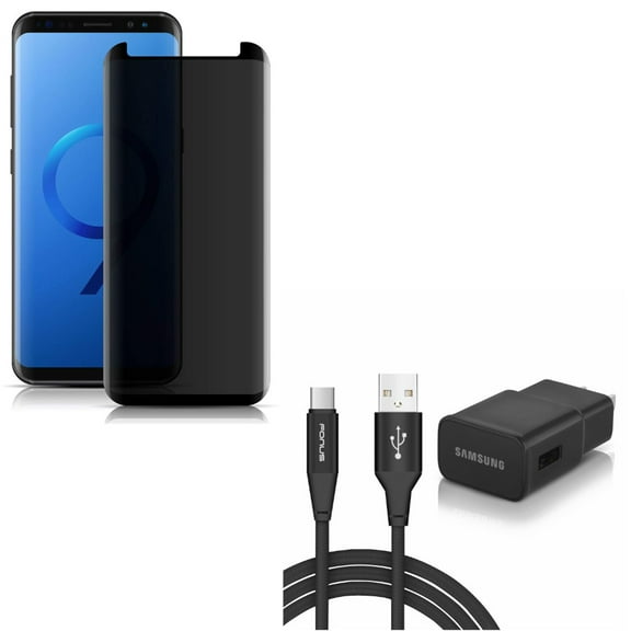 Compatible With Samsung Galaxy S9 - 3D Privacy Glass Screen Protector Tempered Anti-Peep w Home Wall Adaptive Fast Charger 6ft Type-C USB Cable Data Wire
