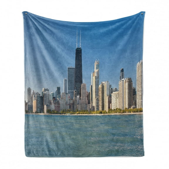 Illinois Soft Flannel Fleece Blanket, View of Chicago Skyline from Michigan Lake Famous American Town Midwest Panorama, Cozy Plush for Indoor and Outdoor Use, 50" x 70", Slate Blue, by Ambesonne
