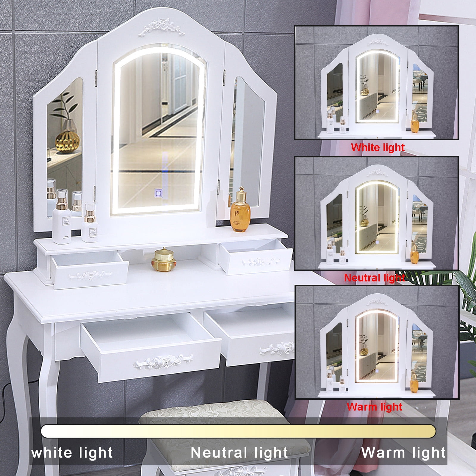 Details about   Vanity Beauty Makeup Table And Wooden Stool 3 Mirrors With LED Lights USA 