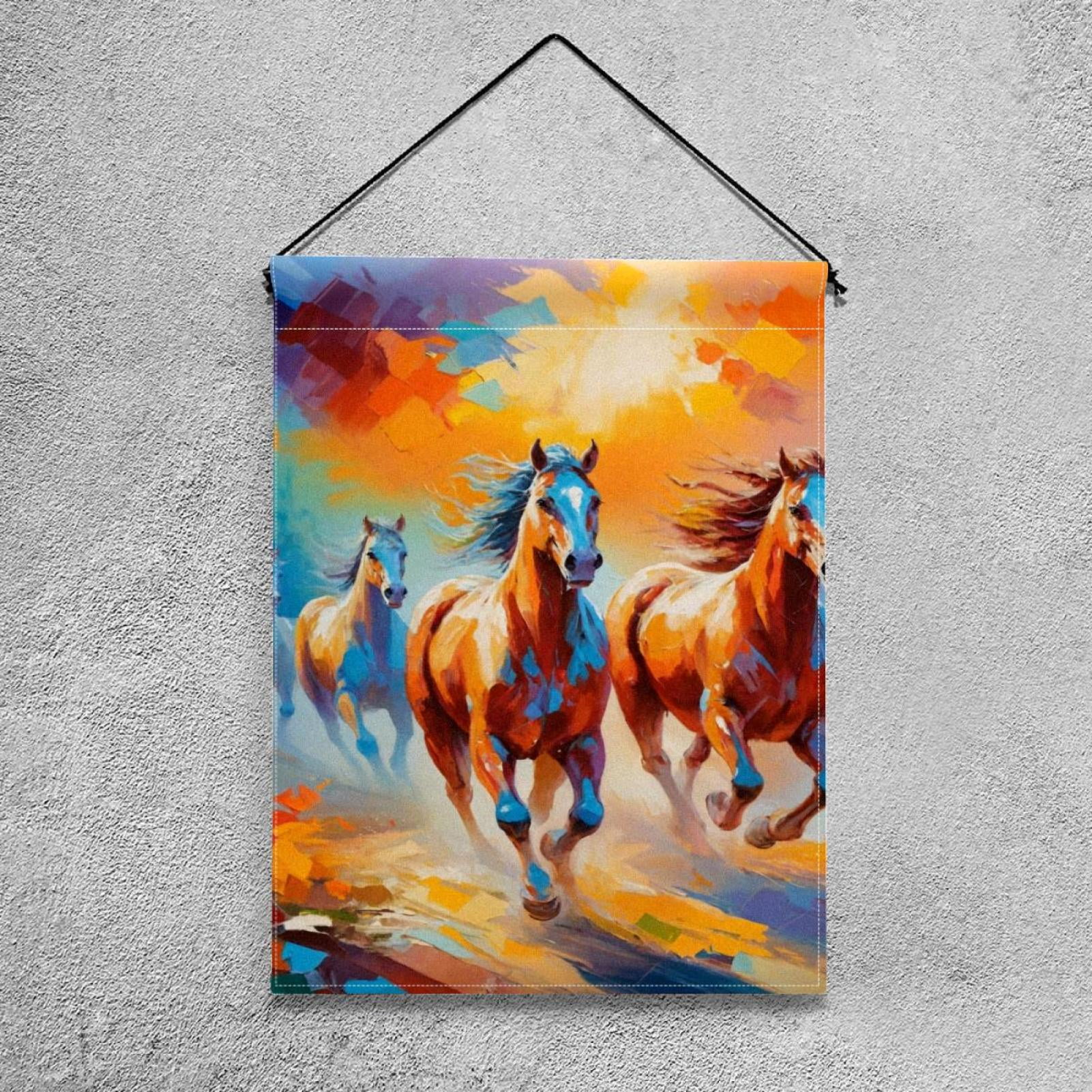Welcome Oil Painting Running Horses Pattern Garden Flag, Vertical Double Sided Small House Flag, Yard Farmhouse Outdoor Deck Veranda Lawn Decor 28x40 Inch