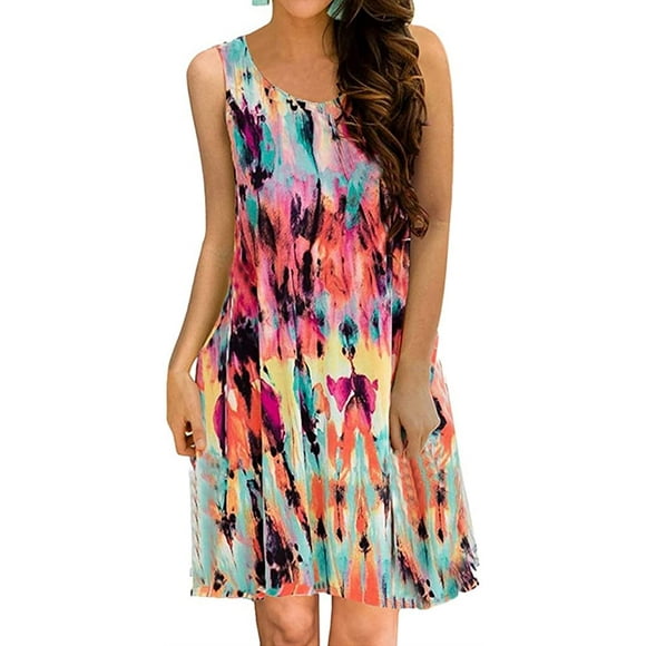 CPOKRTWSO Women Sleeveless Pocket Floral Printed Summer Casual Swing Midi Dress