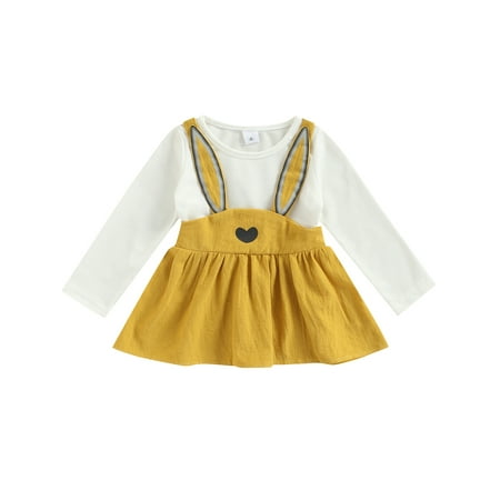 

CenturyX Kids Baby Girls Long Sleeve Dress with Cartoon Bunny Ears Pleated Easter Dresses Yellow 2-3 Years