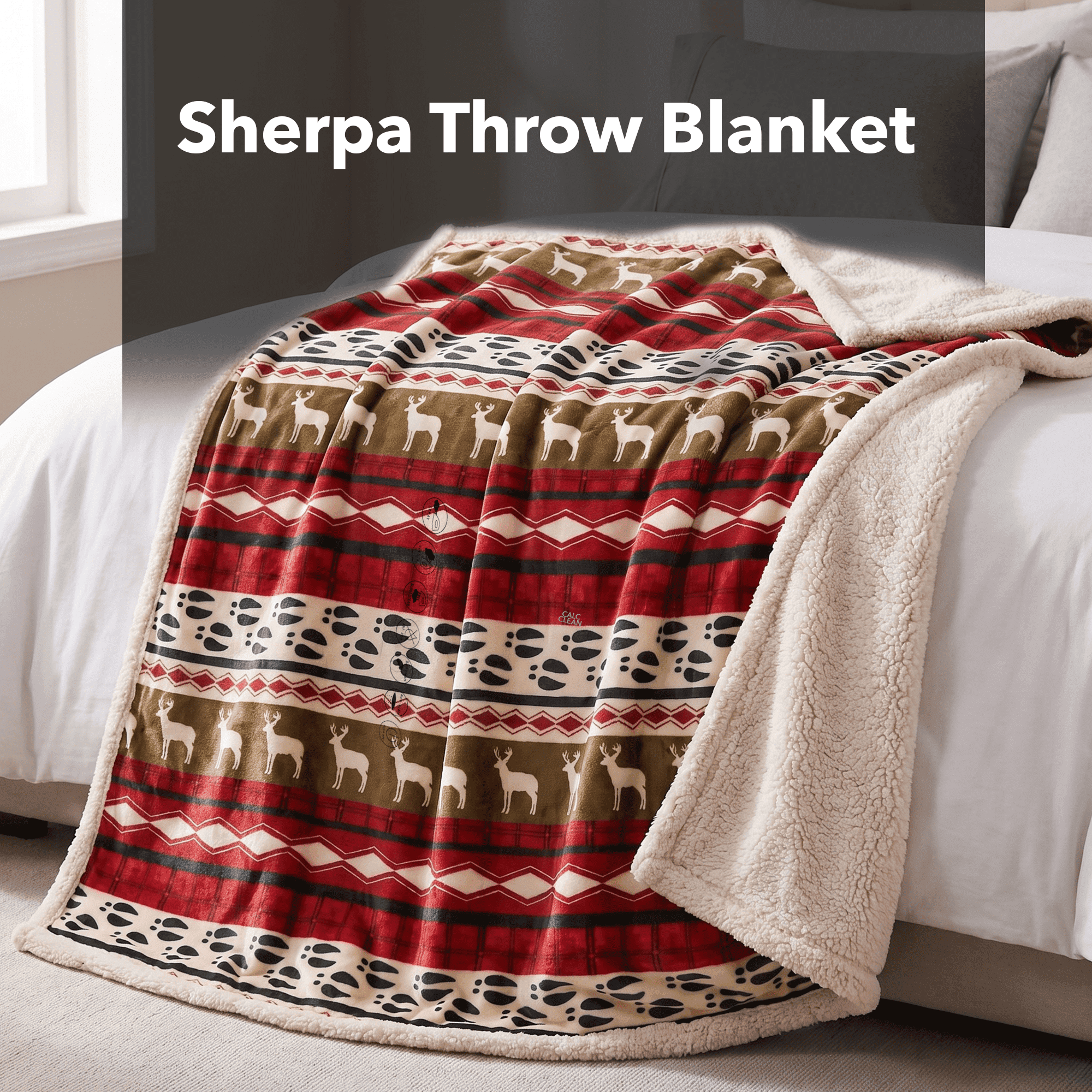 OVENTE Sherpa Throw Blanket, 50"x60", Reindeer Design, Red BLN4688 | Thick and Warm Blanket for Winter, Soft Fuzzy Plush Throw Gift or Sofa Couch Cover for Christmas or Holiday Season