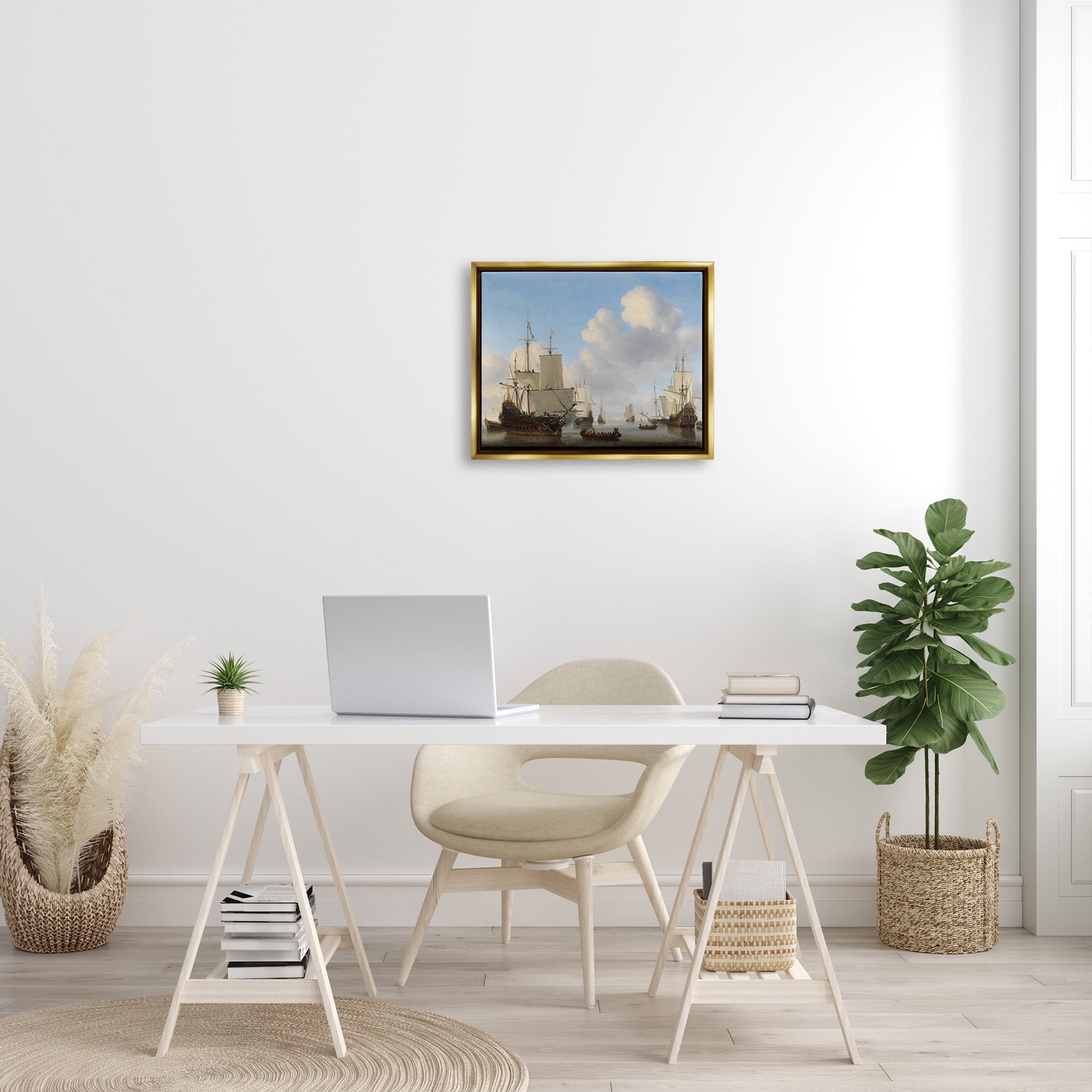 Stupell Industries Dutch Ships at Sea Willem van de Velde Classic Painting Painting Metallic Gold Floating Framed Canvas Print Wall Art, Design by one1000paintings