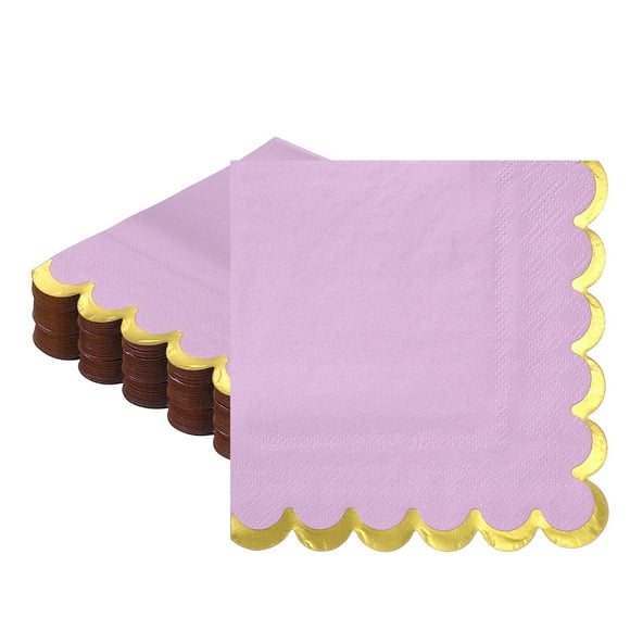 Uxcell 50 Pcs Servilletas de Cóctel con Borde Ondulado y Folio Dorado, 5 x 5 Pulgadas Servilletas de Papel Desechables para Decoraciones de Mesa de Fiesta de Compromiso, Boda, Aniversario, Morado