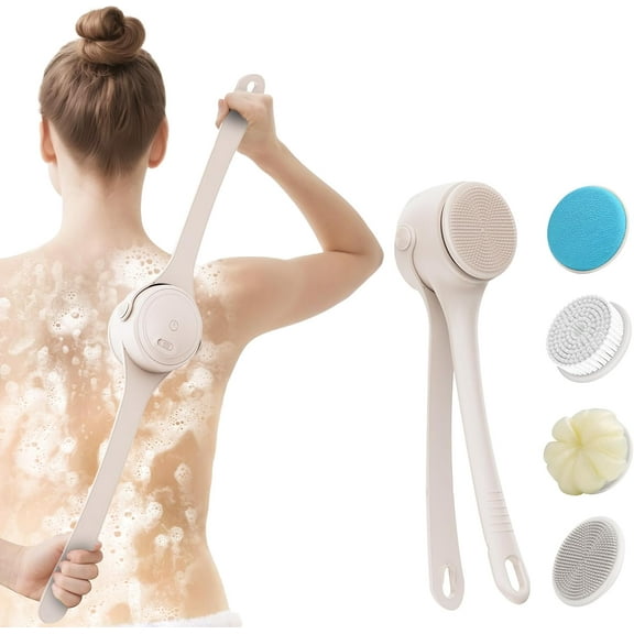 Electric Body Brush Back Scrubber for Shower, Auto Spinning Exfoliating Massage Bath Brush Rechargeable, Dual Long Handle, Deep Cleansing, Waterproof, Rotating Body Brushes with 4Brush Heads