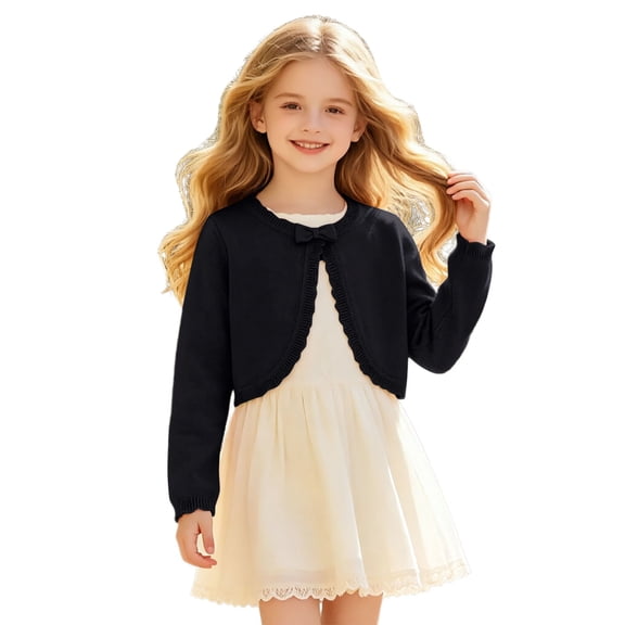 Girls Cardigan Knit Sweater Bolero Shrug Long Sleeve One Button Knitted Cropped Open Front Jacket Tops (Z003#-Black 1-2 Years)