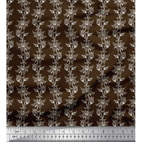 Soimoi Brown Rayon Crepe Fabric Leaves & Bunchberry Stripe Print Fabric by the Yard 46 Inch Wide