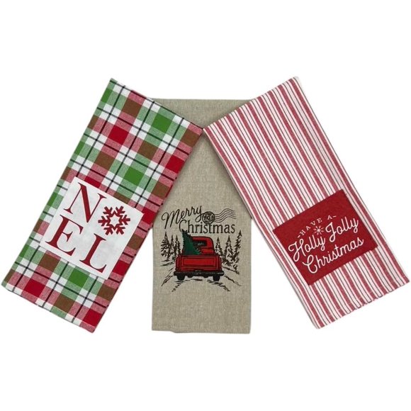 Winter Holiday Christmas Kitchen Bath Dish Hand Towels: Noel Holy Jolly Merry Christmas Flat Weave Designs, 3 pc, 100% Cotton 15" x 25" for Hands, Dishes or Home Decor