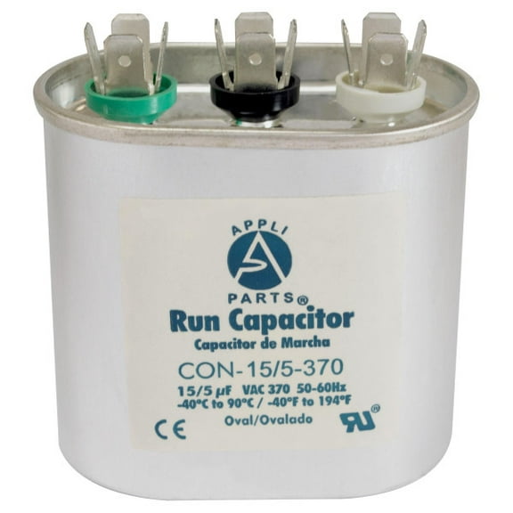 Appli Parts Dual Run Capacitor for ac 15 5 Mfd uF (microfarads) 370VAC CBB65 Oval Universal fit for hvac and other applications in Wide CON-15/5-370