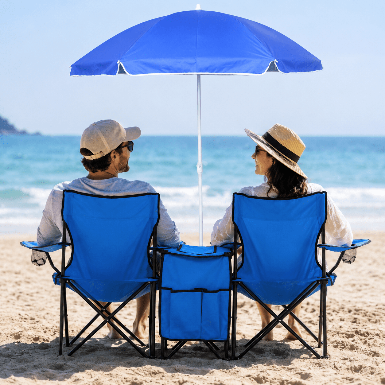 Alvantor 2-Seat Outdoor Folding Chair with Removable Sun Umbrella, Blue