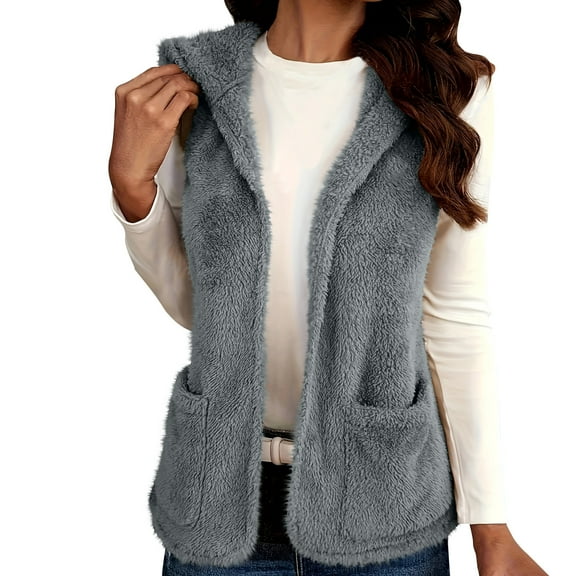 Royisotas Womens Vests Sleeveless Jacket Solid Color Wram Hooded Fleece Cardigans for Women Gray