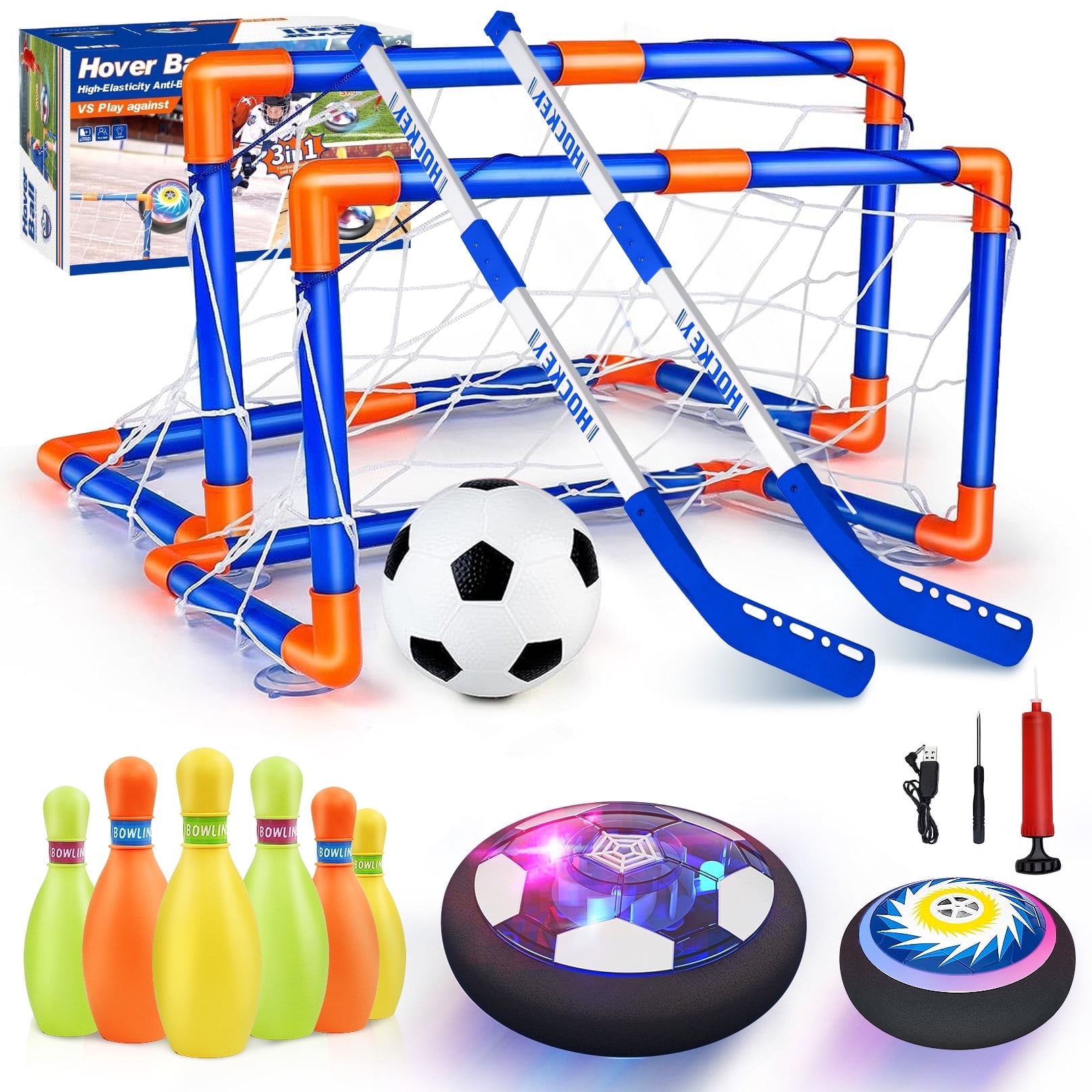 Carsky Hover Soccer Ball Set, 3-in-1 LED Soccer Hockey Bowling Set Indoor/Outdoor Toys, Gifts for 3 4 5 6 7 8+ Years Boy Girl