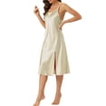thumbnail image 4 of INSPIRAR CHIC Vestido de pijama sin mangas de satén para mujeres, camisón de cuello redondo, ropa de dormir, camisón de seda, bata de noche color caqui S, 4 of 6