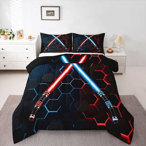 Erosebridal Neon Red Blue Lightning Comforter Sets, Honeycomb Comforter Set Black 3D Hexagon Bedding Set