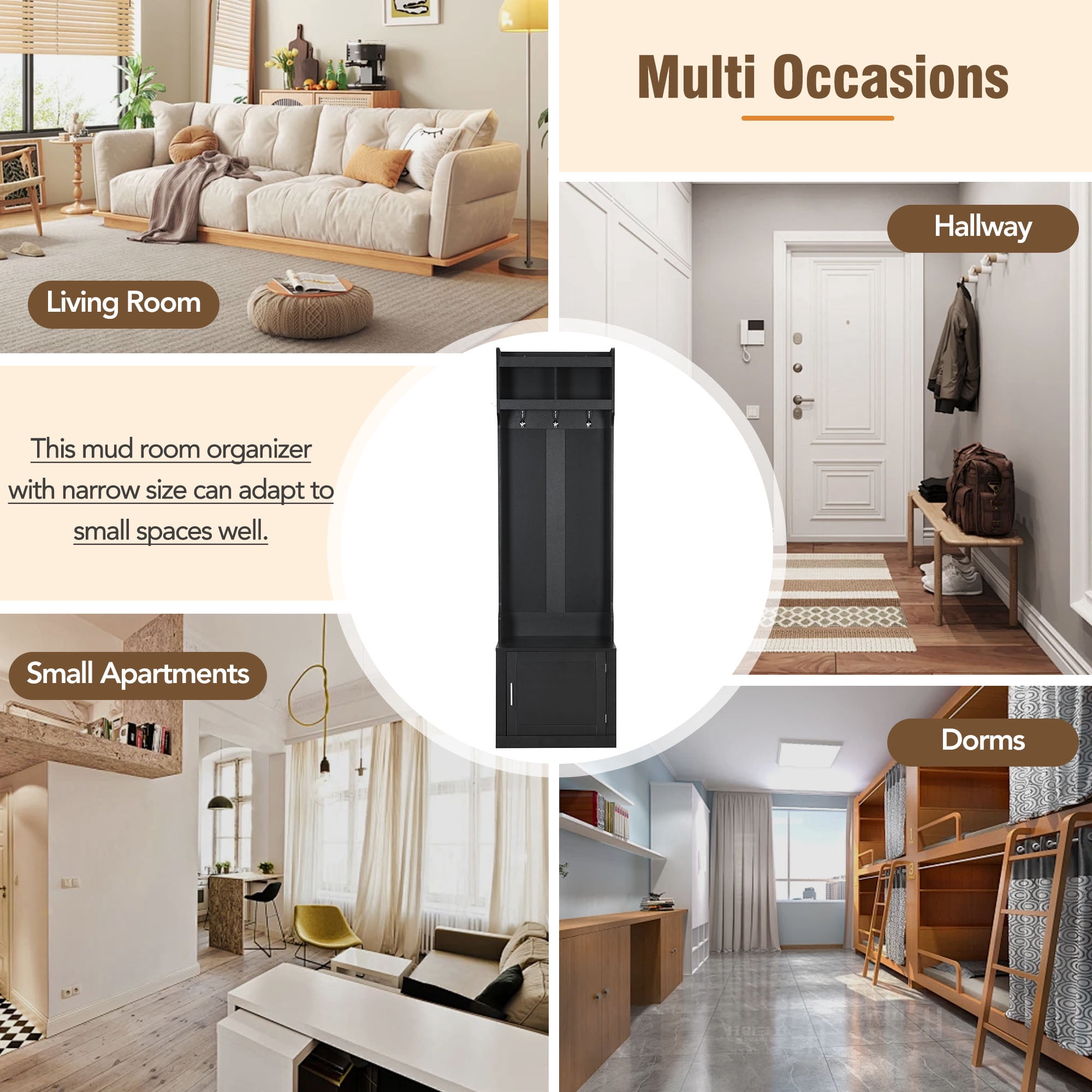 MAYEERTY Minimalist Hall Tree: Slim Cabinet, Multi-functional Storage Bench with Coat Rack, 6 Hooks, Black