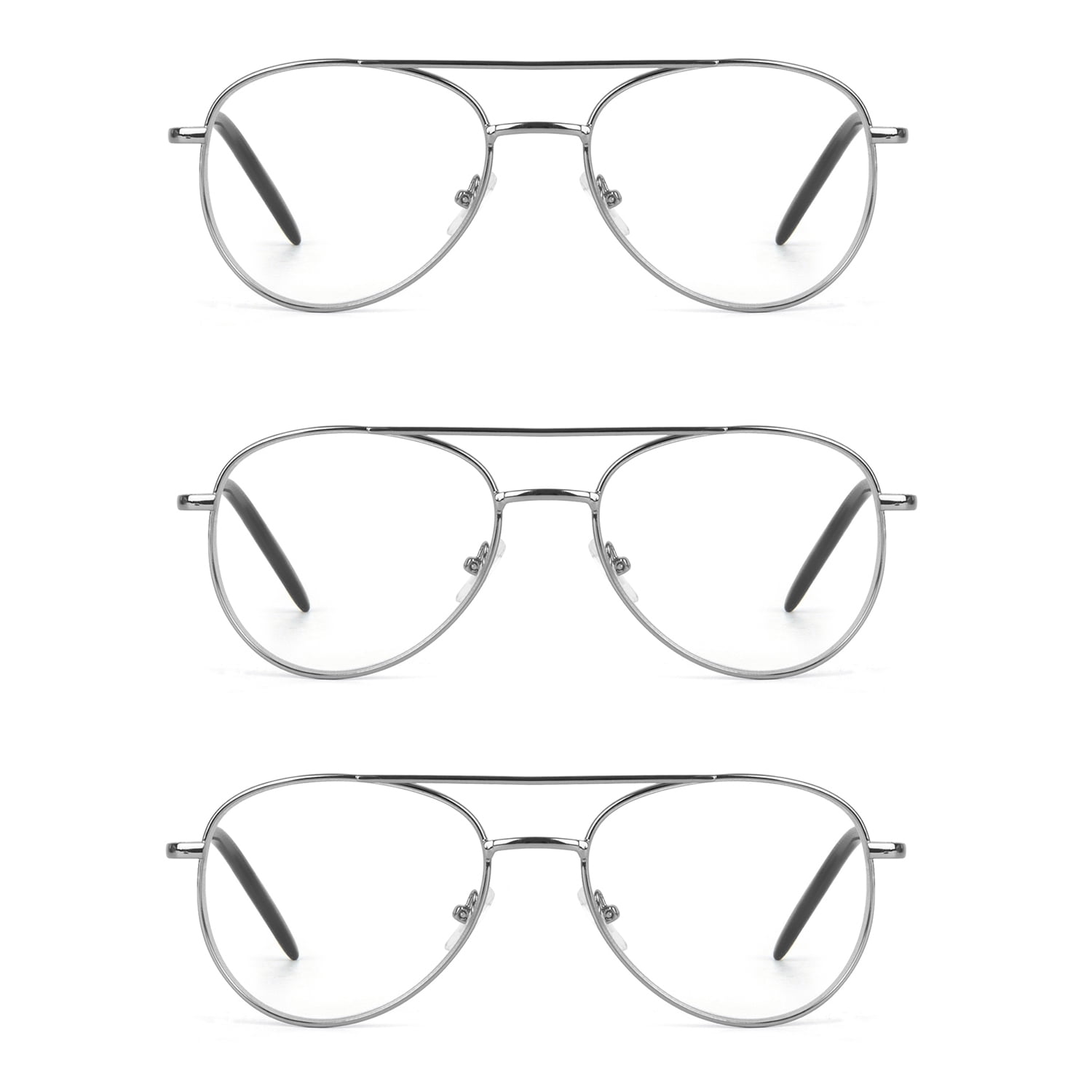EYE ZOOM 3 Pack Aviator Style Metal Frame Blue Light Blocking Reading Glasses (Gunmetal, +2.00 Strength)
