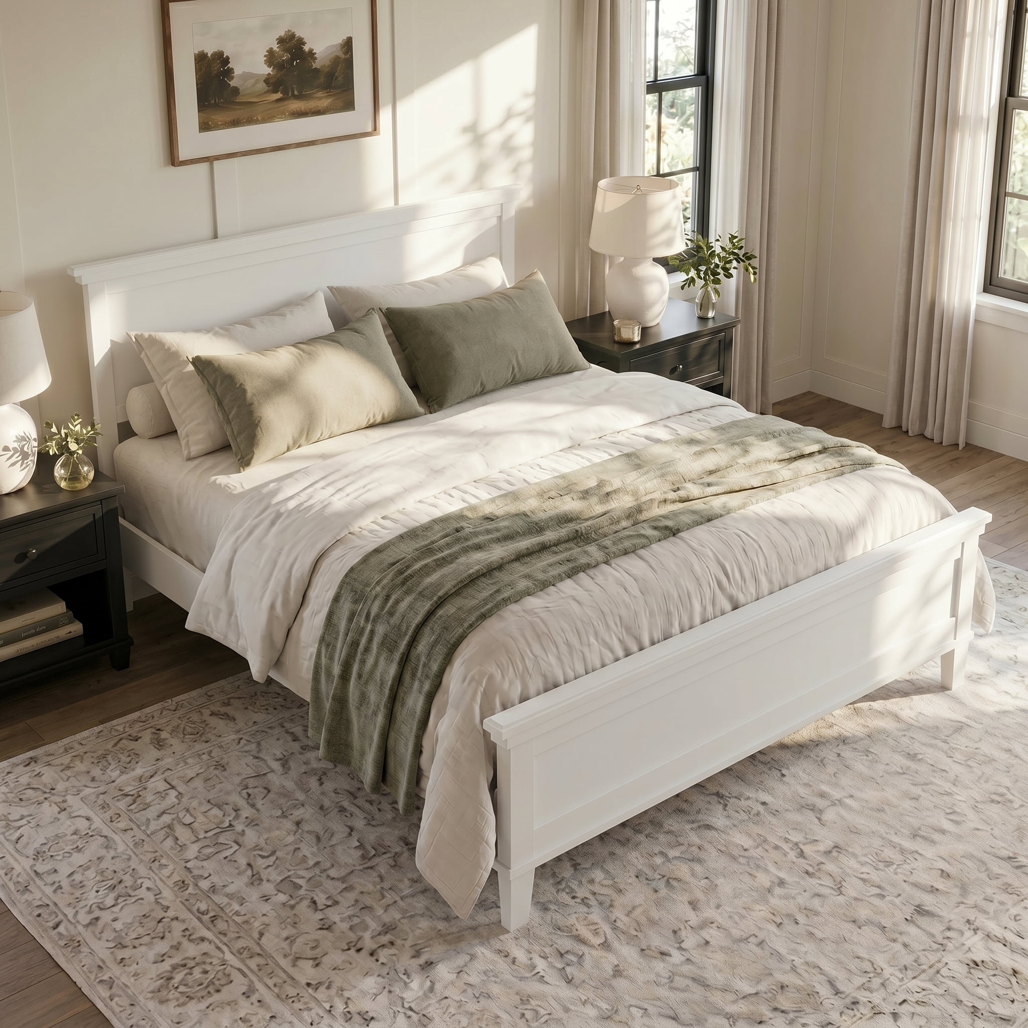 Euroco Mid-Century Wood Queen Size Platform Bed with Headboard and Wood Slat Support, No Box Spring Needed, White