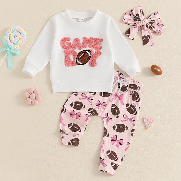 Girl Clothes Football Letter Embroidered Long Sleeve Top with Pants and Headband 3 Piece Set Girls Outfits White 2-3 Years